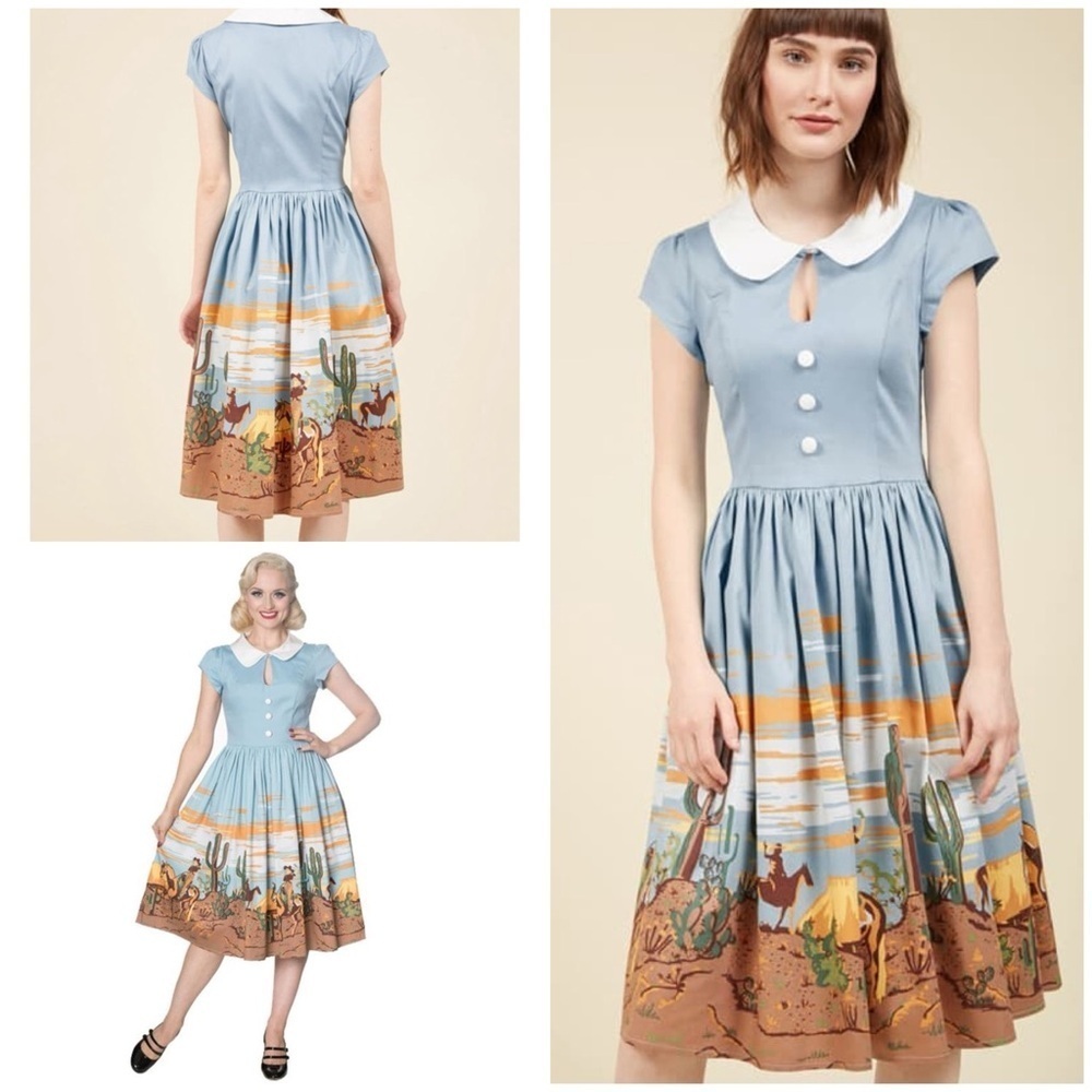 NWT Banned Dancing Days Cowgirl Rodeo Cowboy Cactus Peter Pan Collar Midi Dress